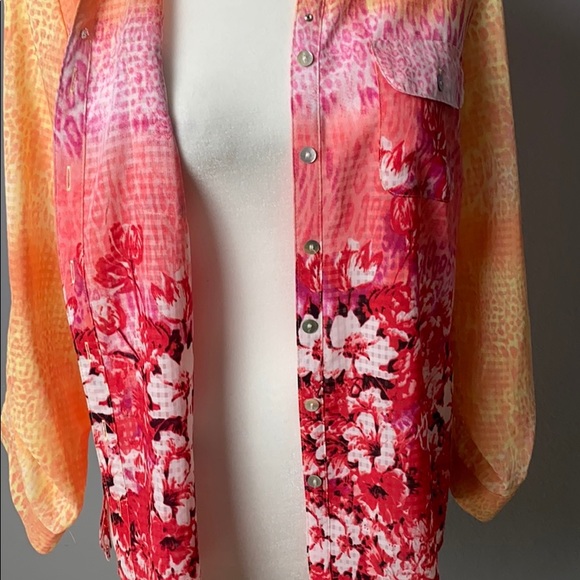 NYCollection Orange Pink Floral Button Down Blouse - Picture 8 of 10